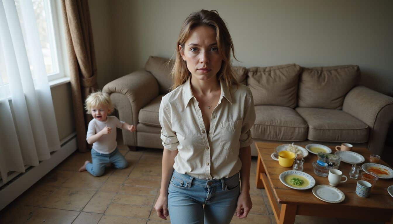 A mother navigates daily chaos in a cluttered living room while her toddler has a tantrum on the floor. A mother navigates daily chaos in a cluttered living room while her toddler has a tantrum on the floor.