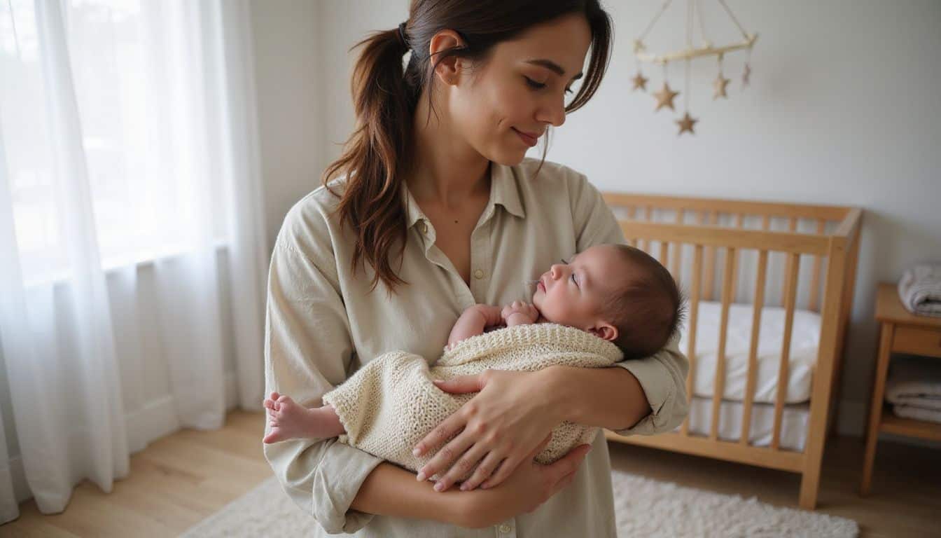 A mother lovingly cradles her newborn in a cozy nursery filled with soft textures and warm, muted colors. A mother lovingly cradles her newborn in a cozy nursery filled with soft textures and warm, muted colors.