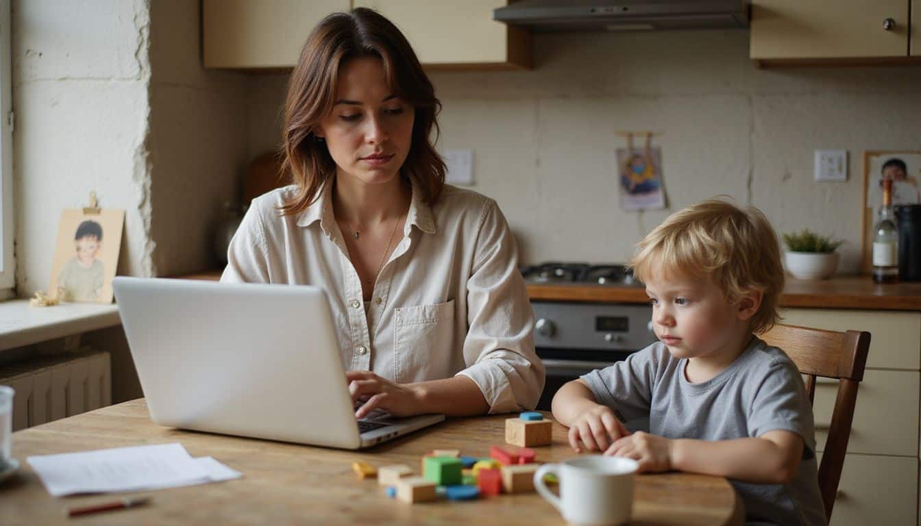 A woman works on a laptop at a cozy kitchen table while a child plays with colorful wooden blocks nearby. A woman works on a laptop at a cozy kitchen table while a child plays with colorful wooden blocks nearby.