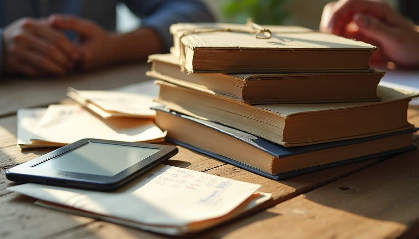 A stack of well-worn books, a Kindle, and international envelopes on a rustic wooden table.