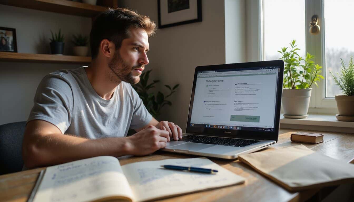 A man works on a laptop at a wooden desk in a home office, surrounded by notebooks and plants.