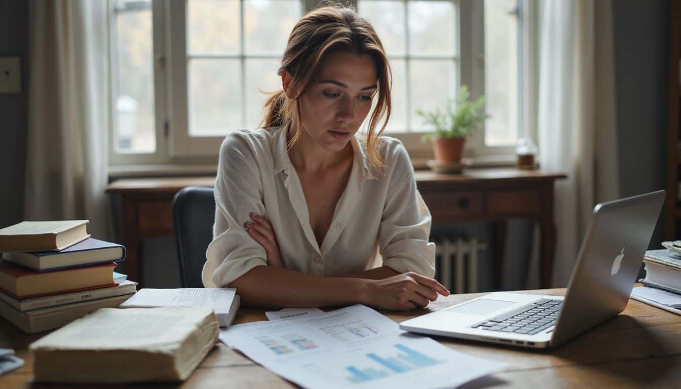 A frustrated woman sits at a cluttered desk with stagnant sales report and scattered books.