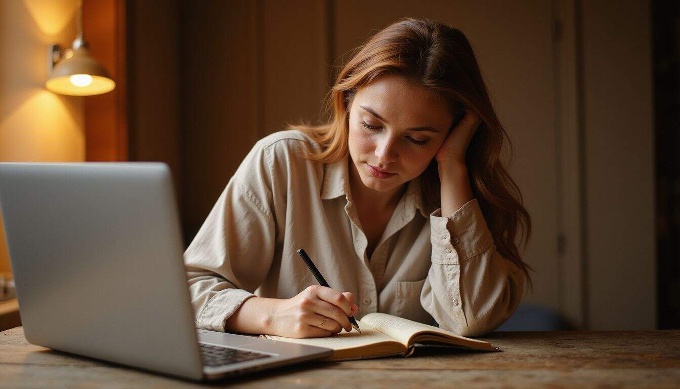 A woman in her mid-30s is seated at a wooden desk, writing a book description on her laptop.