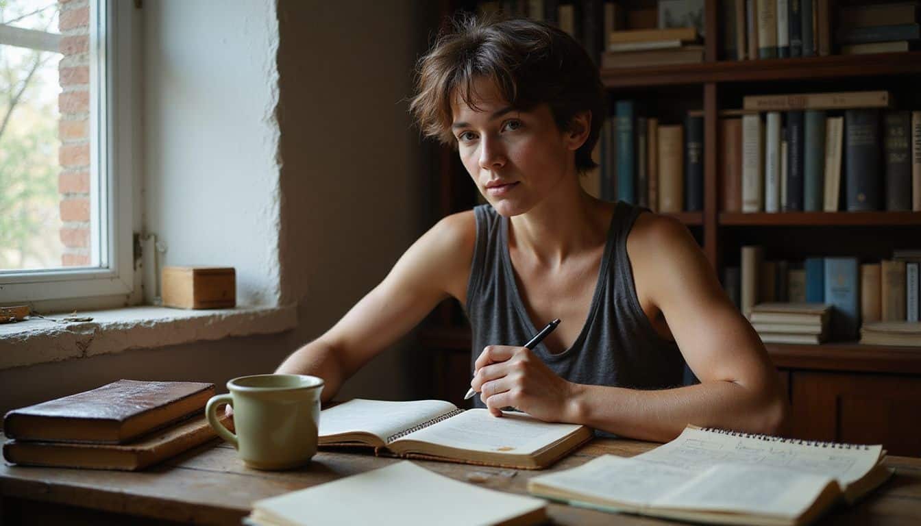 A mid-30s author is seated at a desk, contemplating a Goodreads promotion.