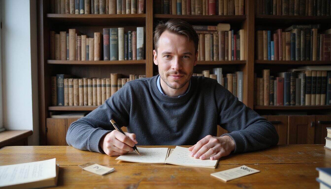 An author sits at a wooden desk writing thank-you notes amid a cozy, book-filled workspace.