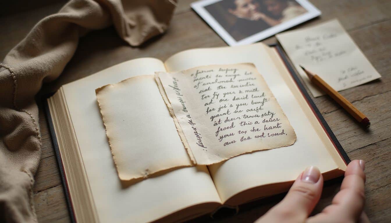 A close-up photo of a personalized bookplate, handwritten note, bookmark, and postcard on a vintage-themed open book.