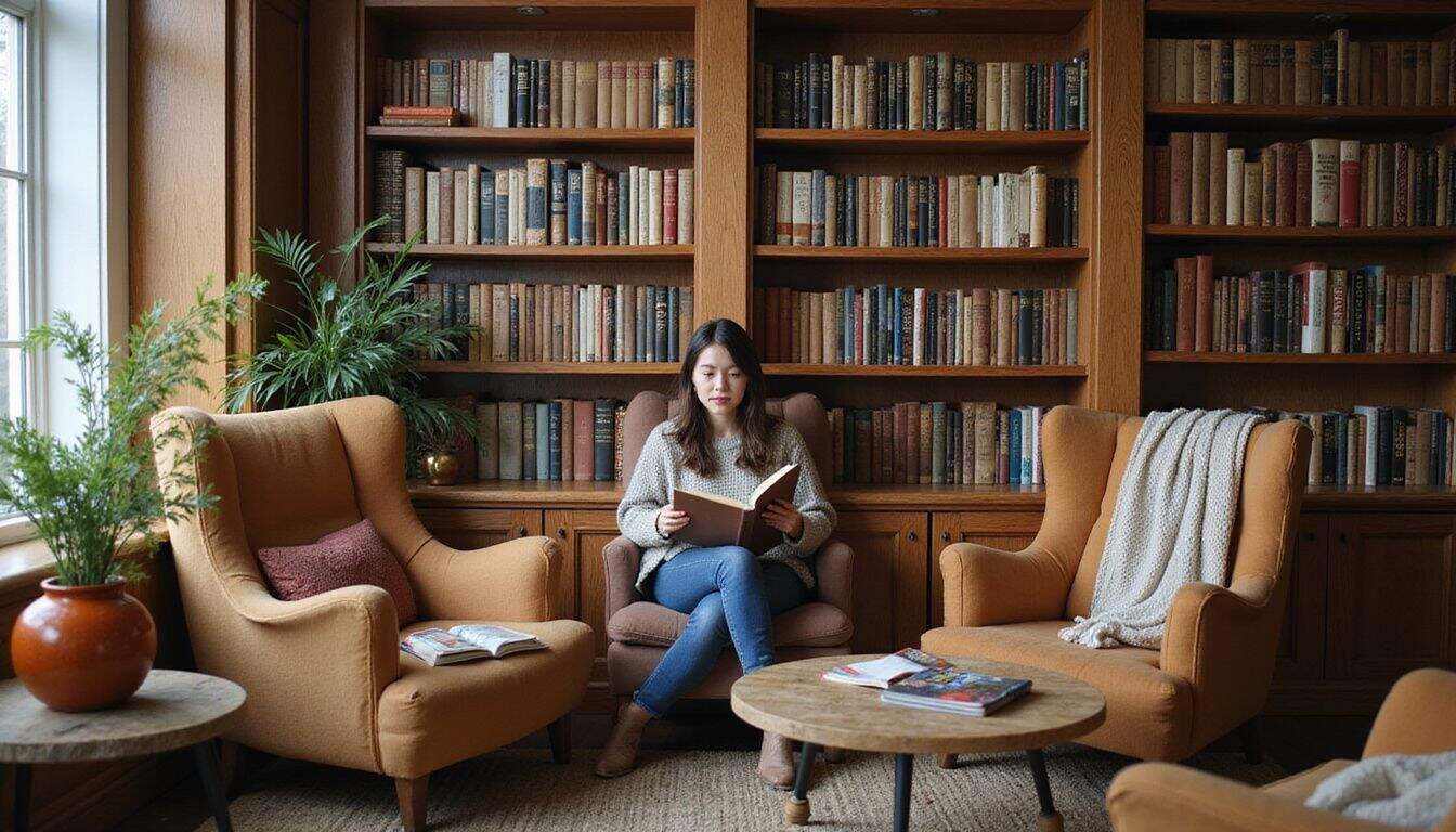 A cozy book nook with a well-organized wooden bookshelf, inviting armchairs, and natural accents.