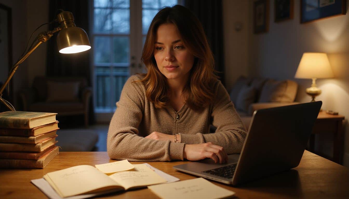 A woman in her 30s sits at a wooden desk with books, thank you notes, and a laptop.