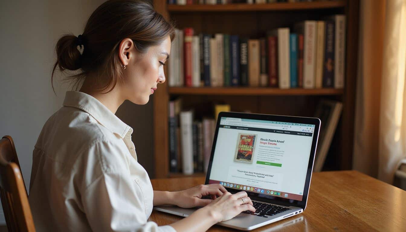 A woman in her 30s sits at a desk, focused on her laptop in a cozy home office.
