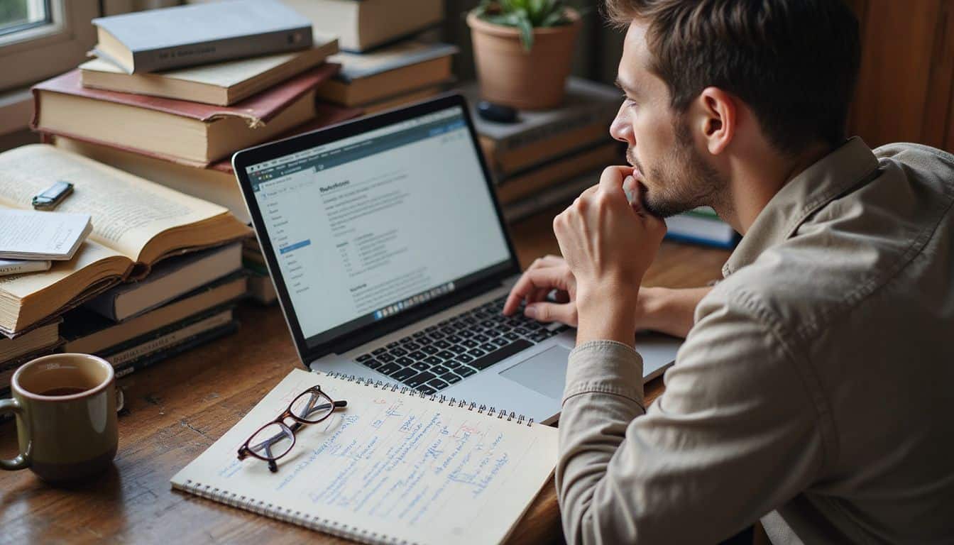 A cluttered home office desk with books, laptop, calendar, coffee mug, and a person working.