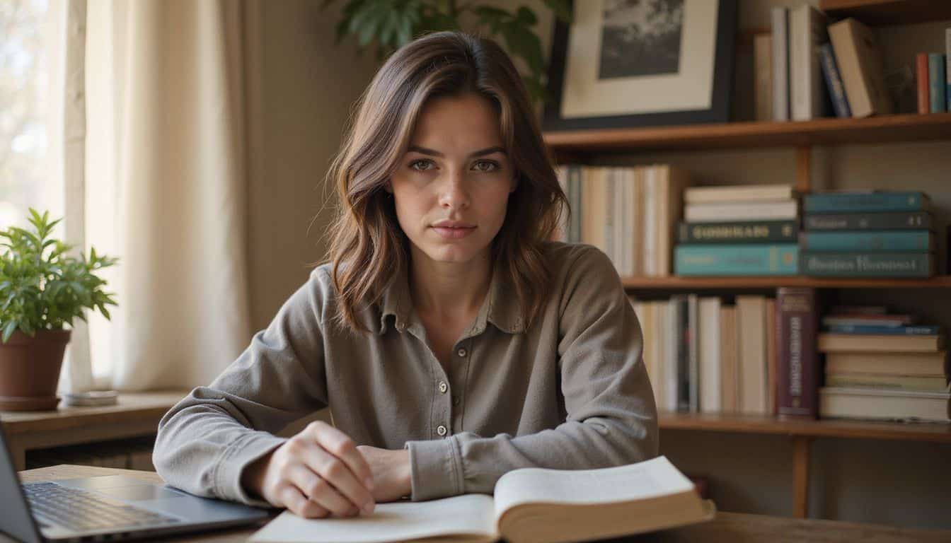 A woman in her 30s is seated at her home office desk, working on a Goodreads giveaway campaign.