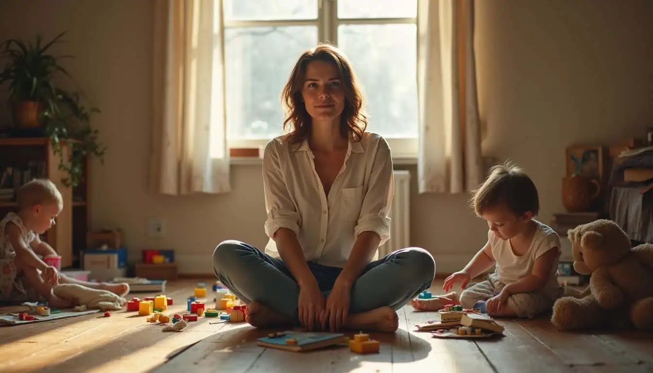 A mother sits cross-legged on a cluttered floor, surrounded by children's toys, exuding warmth and serenity. A mother sits cross-legged on a cluttered floor, surrounded by children's toys, exuding warmth and serenity.