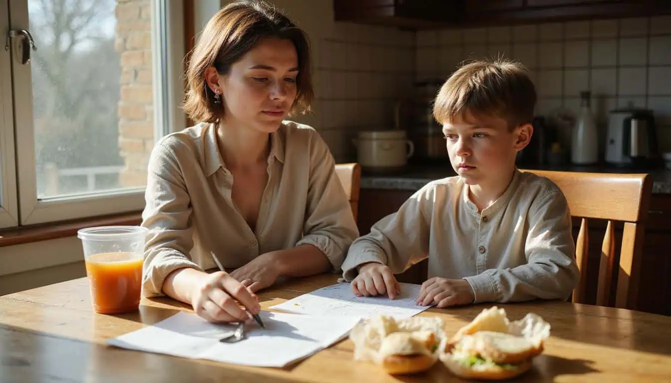 A mother assists her frustrated son with homework at their lived-in kitchen table amidst scattered papers and spilled juice. A mother assists her frustrated son with homework at their lived-in kitchen table amidst scattered papers and spilled juice.