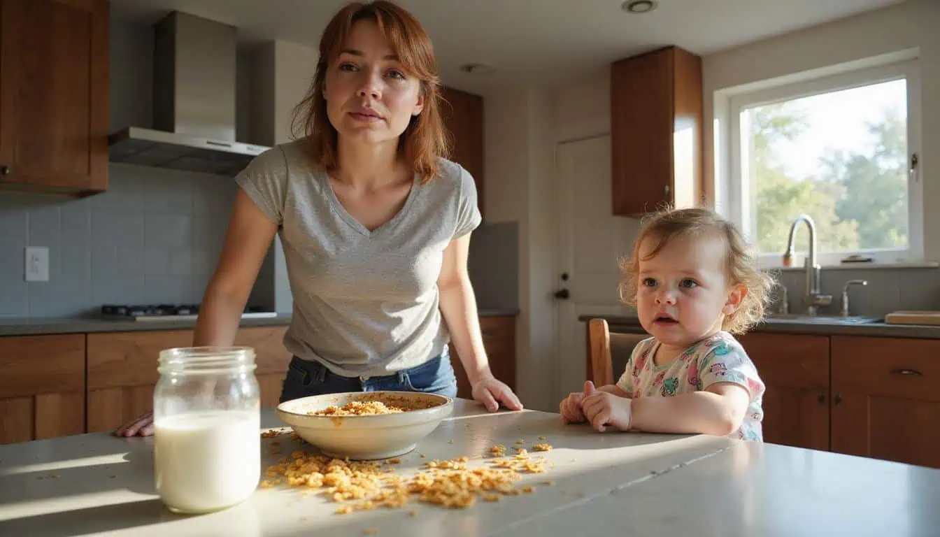 A woman hurriedly navigates her messy kitchen while a distressed toddler sits on the floor, crying. A woman hurriedly navigates her messy kitchen while a distressed toddler sits on the floor, crying.