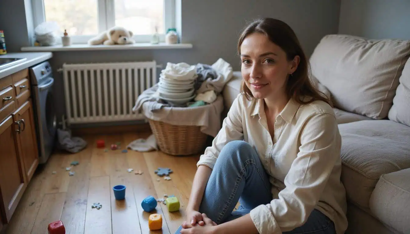 A relaxed woman sits on a worn sofa in a cluttered living room filled with toys and laundry. A relaxed woman sits on a worn sofa in a cluttered living room filled with toys and laundry.