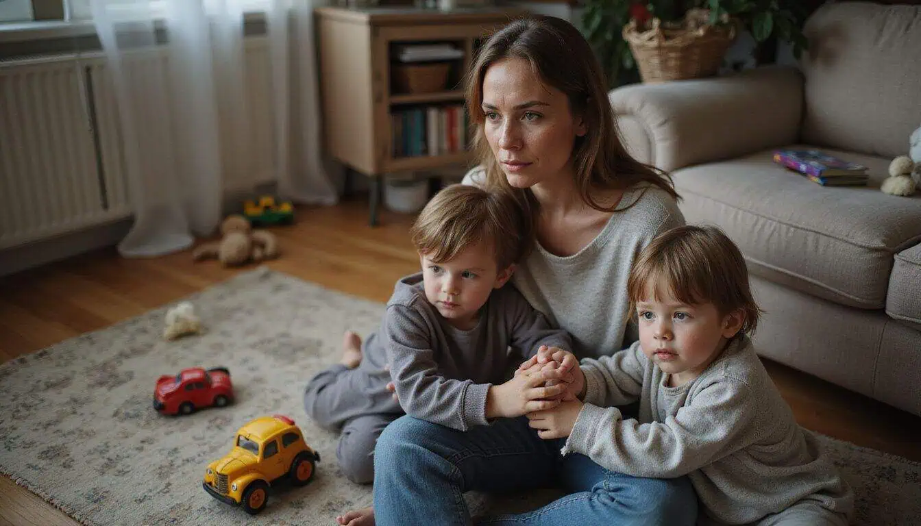 A woman with mild concern holds the hands of two young children in a cozy, cluttered living room. A woman with mild concern holds the hands of two young children in a cozy, cluttered living room.