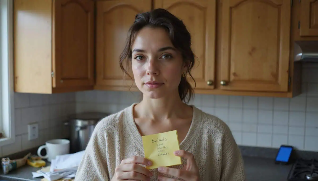 A woman stands in a cluttered kitchen, focused on a crumpled sticky note with her errands listed. A woman stands in a cluttered kitchen, focused on a crumpled sticky note with her errands listed.