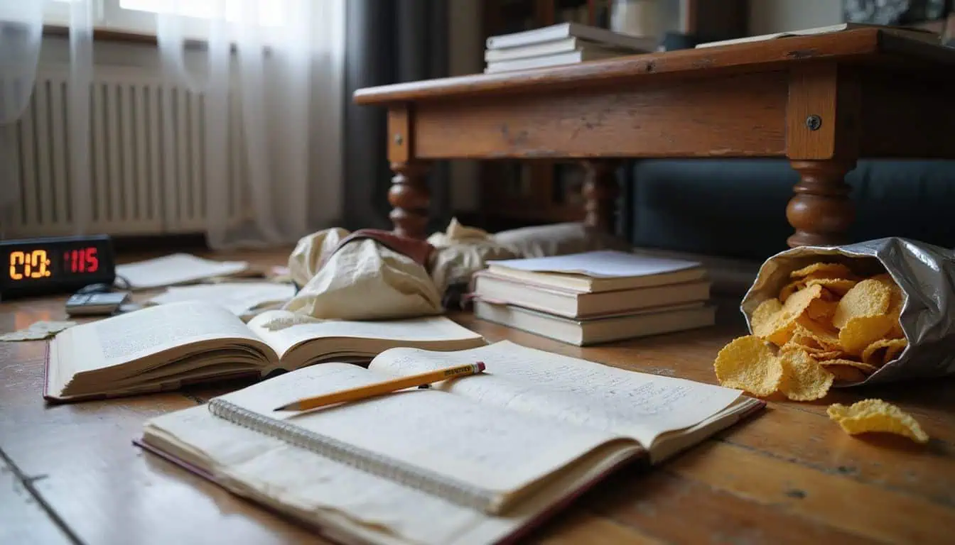 A cluttered living room reflects a student's fatigue with scattered textbooks, notes, and snacks on the coffee table. A cluttered living room reflects a student's fatigue with scattered textbooks, notes, and snacks on the coffee table.