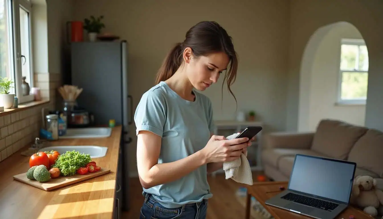 A woman in casual attire multitasks in a lived-in kitchen, holding a phone while folding a kitchen towel. A woman in casual attire multitasks in a lived-in kitchen, holding a phone while folding a kitchen towel.