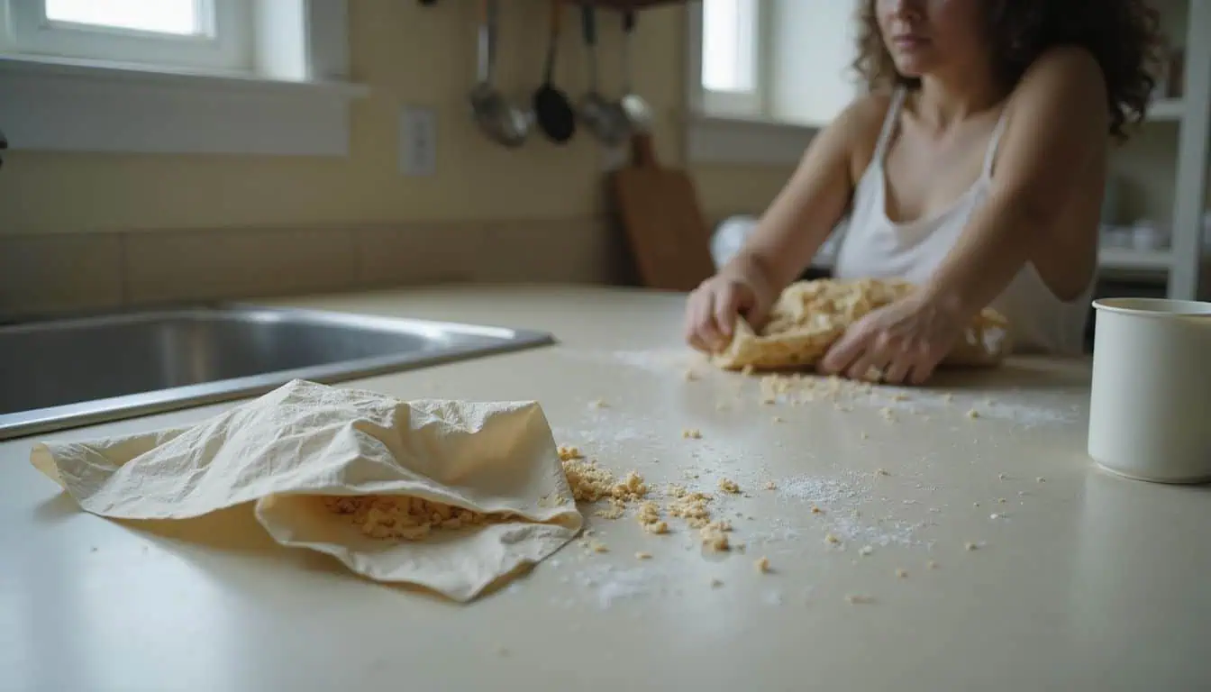 A worn kitchen countertop is scattered with crumpled paper towels, snack remnants, and an open container of baking soda. A worn kitchen countertop is scattered with crumpled paper towels, snack remnants, and an open container of baking soda.