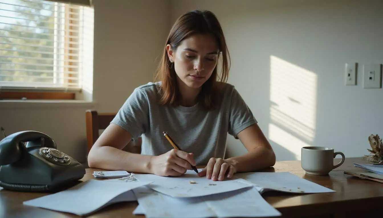 A focused woman in a cluttered home office writes at a wooden desk surrounded by scattered papers and distractions. A focused woman in a cluttered home office writes at a wooden desk surrounded by scattered papers and distractions.