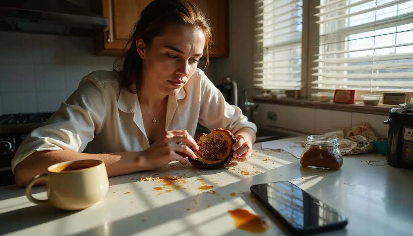 A stressed woman hurries through a cluttered kitchen, gripping burnt toast and glancing at her buzzing smartphone. A stressed woman hurries through a cluttered kitchen, gripping burnt toast and glancing at her buzzing smartphone.