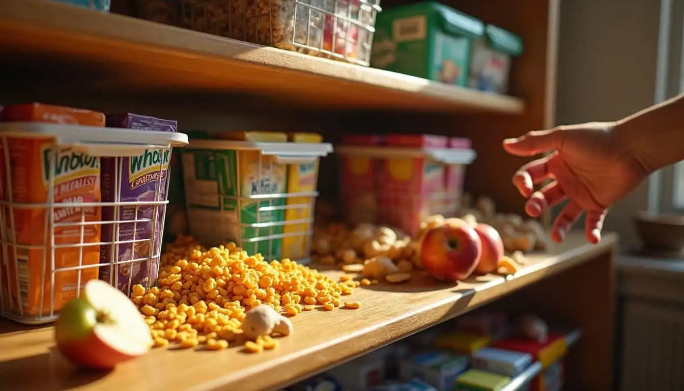 A cluttered kitchen pantry showcases snacks, juice boxes, and apple cores, reflecting the aftermath of a busy snack time. A cluttered kitchen pantry showcases snacks, juice boxes, and apple cores, reflecting the aftermath of a busy snack time.