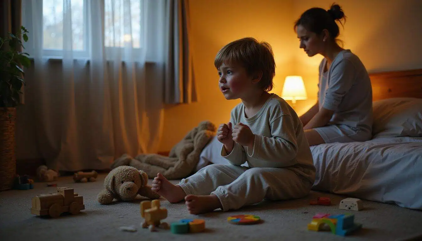 A young child throws a tantrum in their bedroom while their calm mother offers support nearby. A young child throws a tantrum in their bedroom while their calm mother offers support nearby.