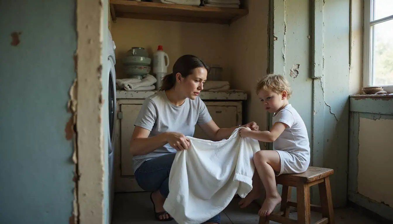 A woman and her young child sort laundry in a cozy, lived-in laundry room, embodying everyday domestic life. A woman and her young child sort laundry in a cozy, lived-in laundry room, embodying everyday domestic life.