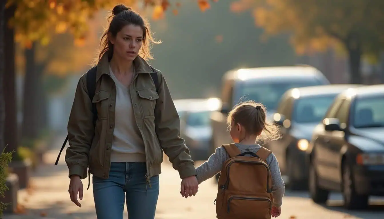 A concerned woman and a young child walk hand-in-hand toward a school entrance in a busy drop-off zone. A concerned woman and a young child walk hand-in-hand toward a school entrance in a busy drop-off zone.