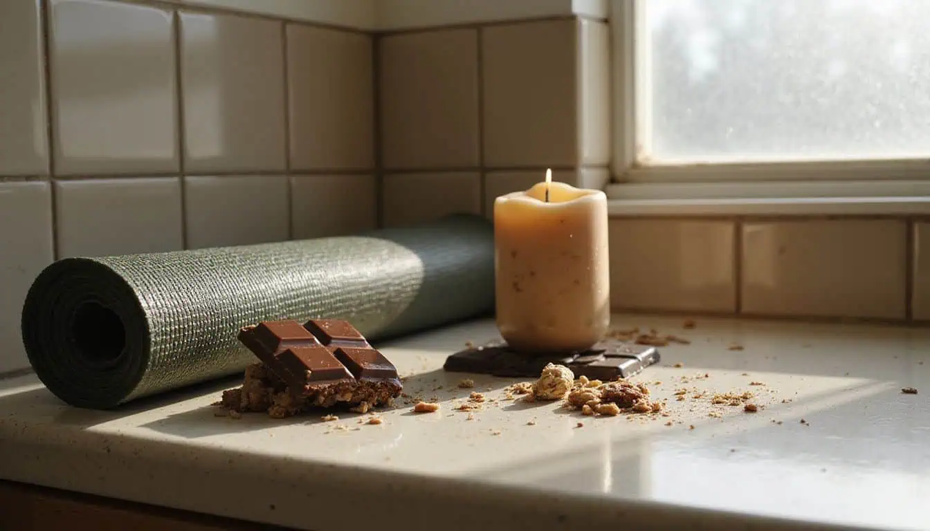 A cluttered bathroom countertop features a half-eaten candy bar, a used yoga mat, and a dusty candle. A cluttered bathroom countertop features a half-eaten candy bar, a used yoga mat, and a dusty candle.