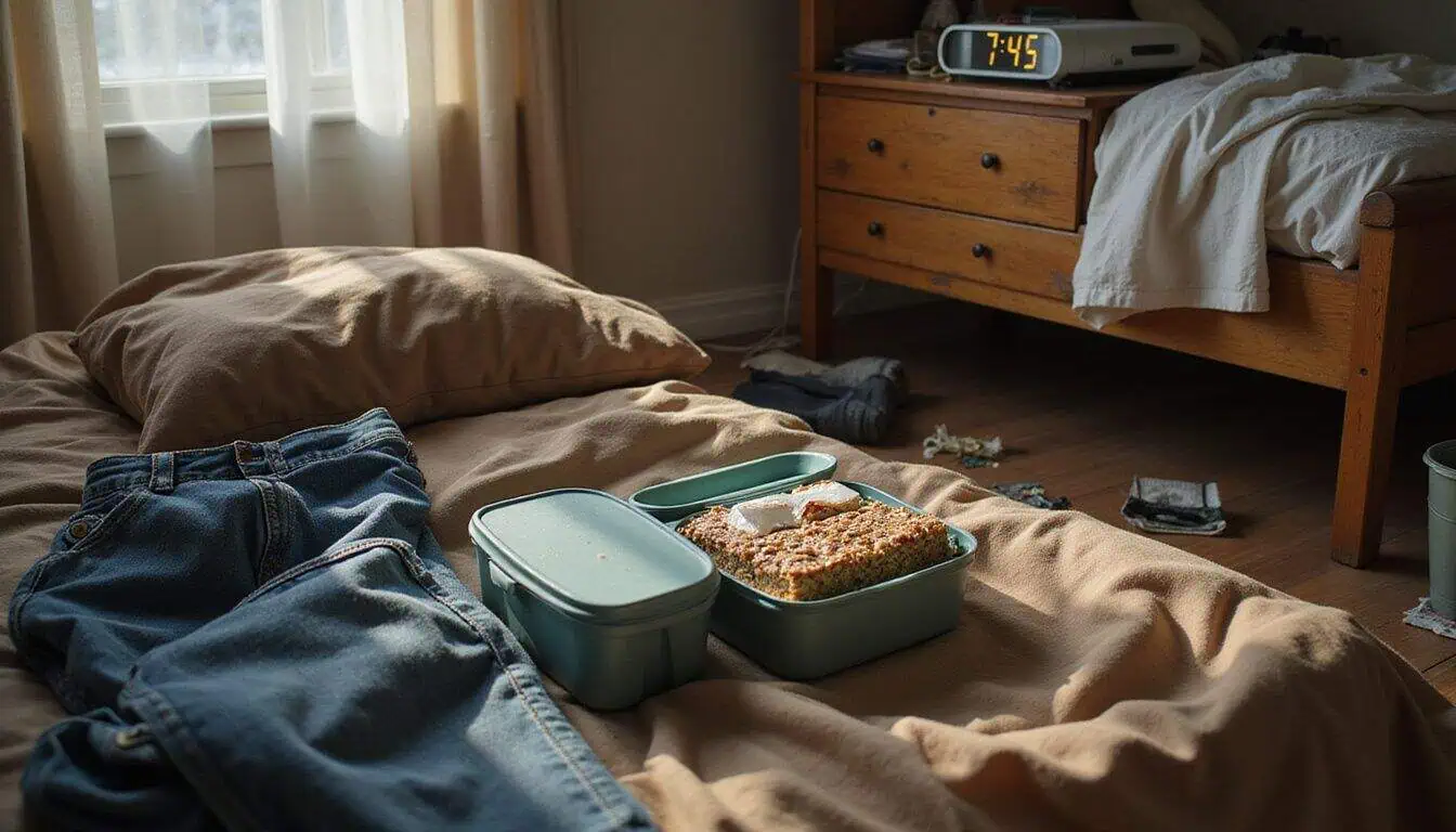 A cluttered bedroom features a worn nightstand, an alarm clock, granola bar, lunch boxes, and scattered clothing. A cluttered bedroom features a worn nightstand, an alarm clock, granola bar, lunch boxes, and scattered clothing.