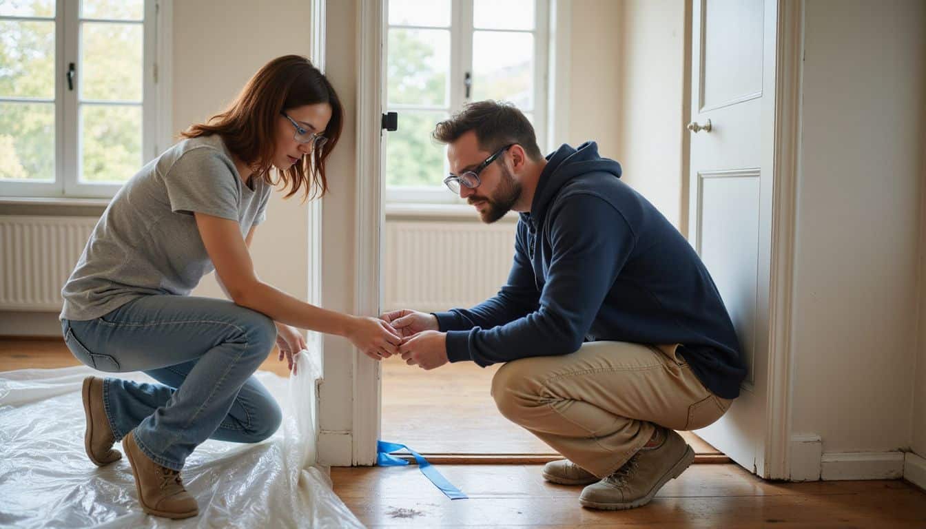 A couple in their 30s diligently prepare a sunlit living room for renovation. A couple in their 30s diligently prepare a sunlit living room for renovation.