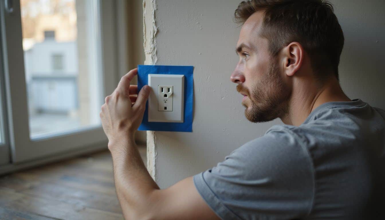 A man in his 30s concentrates on taping an electrical outlet during a home renovation. A man in his 30s concentrates on taping an electrical outlet during a home renovation.