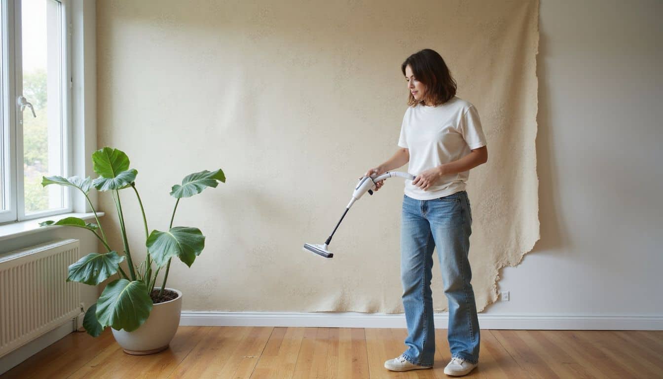 A woman steams and removes old wallpaper in a modern, sunlit living room. A woman steams and removes old wallpaper in a modern, sunlit living room.