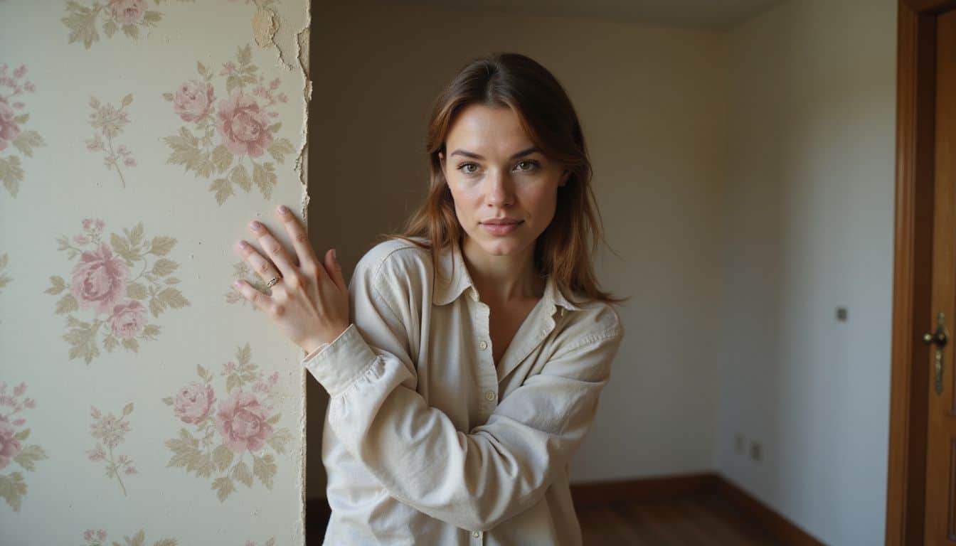 A woman assesses peeling floral wallpaper in a softly lit, lived-in room. A woman assesses peeling floral wallpaper in a softly lit, lived-in room.