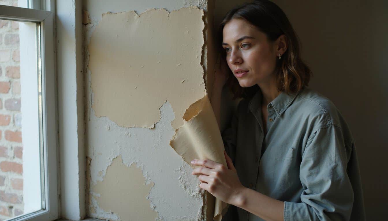 A woman carefully peels back aged wallpaper in a dimly lit room for restoration.
