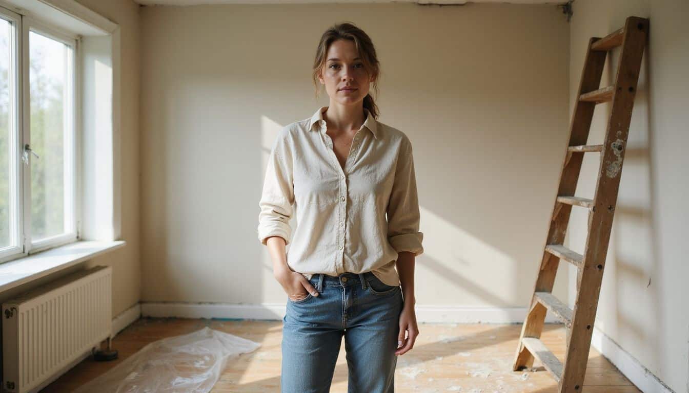 A woman in worn paint-splattered clothes stands in an empty room, preparing for renovation. A woman in worn paint-splattered clothes stands in an empty room, preparing for renovation.