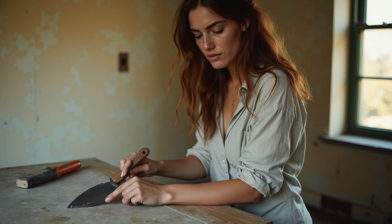A woman in her 30s is focused on removing old wallpaper with various tools. A woman in her 30s is focused on removing old wallpaper with various tools.