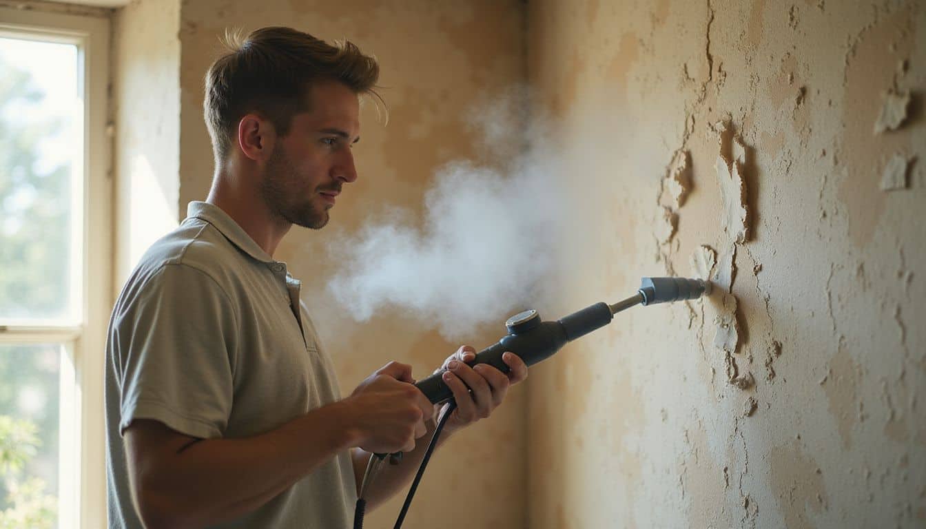 A man using a wallpaper steamer to remove old, peeling wallpaper from a textured wall indoors. A man using a wallpaper steamer to remove old, peeling wallpaper from a textured wall indoors.