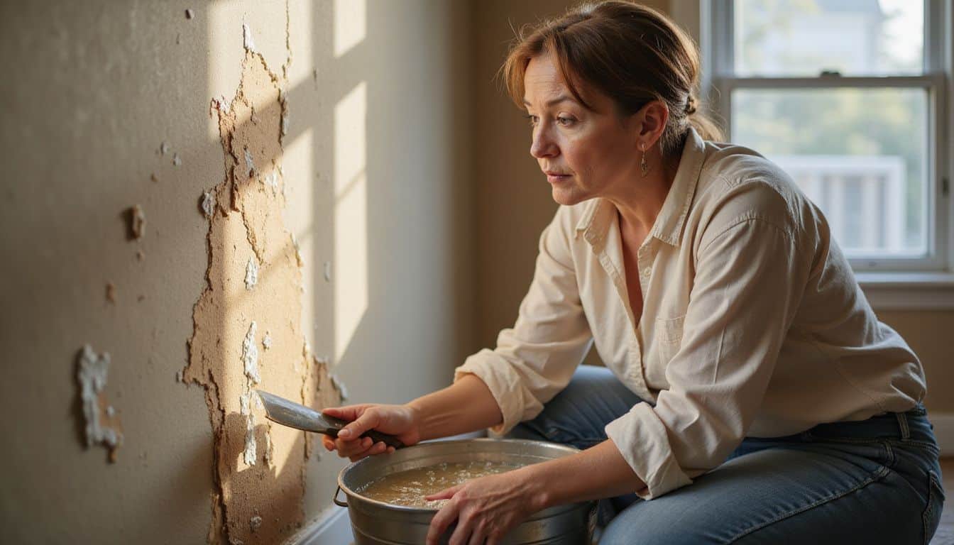 A woman in casual clothing carefully scrapes old wallpaper from a wall using a putty knife and bucket of soapy water. A woman in casual clothing carefully scrapes old wallpaper from a wall using a putty knife and bucket of soapy water.