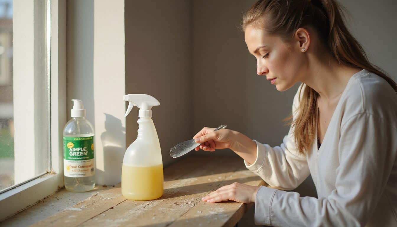A woman carefully removes glue residue from a wall using homemade solutions and precise tools. A woman carefully removes glue residue from a wall using homemade solutions and precise tools.
