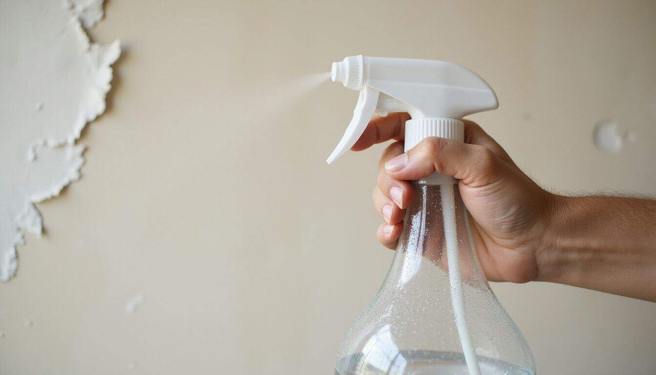 A hand sprays vinegar solution on peeling wallpaper in a dimly lit room. A hand sprays vinegar solution on peeling wallpaper in a dimly lit room.