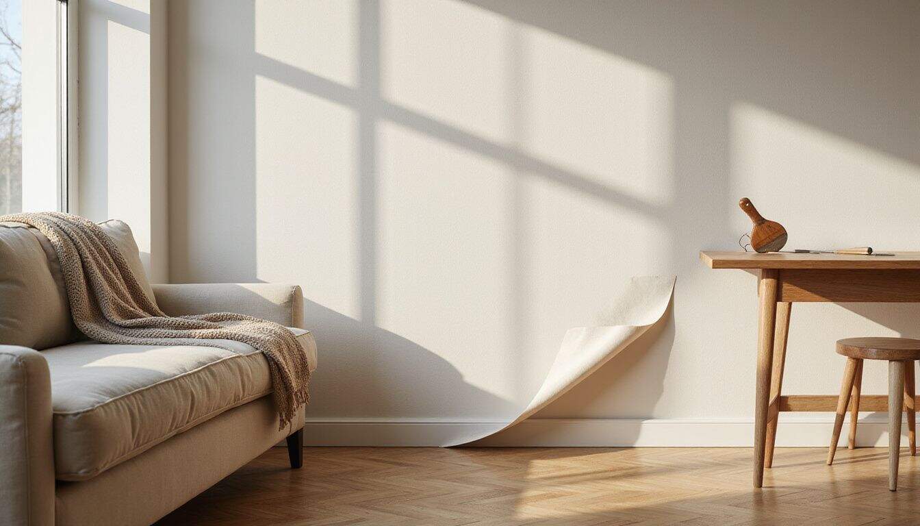 A partially applied roll of strippable wallpaper in a cozy, lived-in living room with a putty knife nearby.