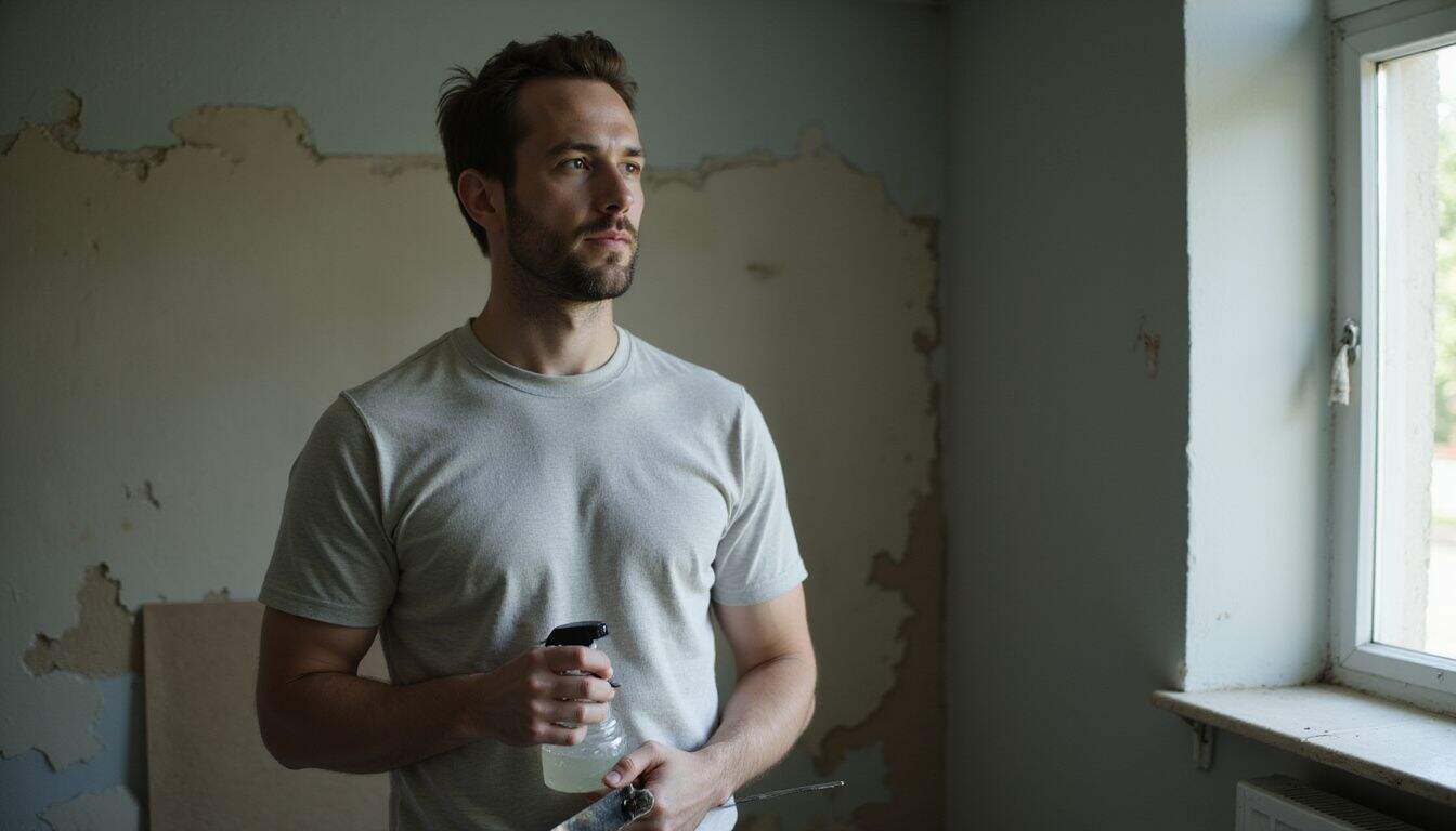 A man holds a spray bottle and scraper in a dim, worn room. A man holds a spray bottle and scraper in a dim, worn room.