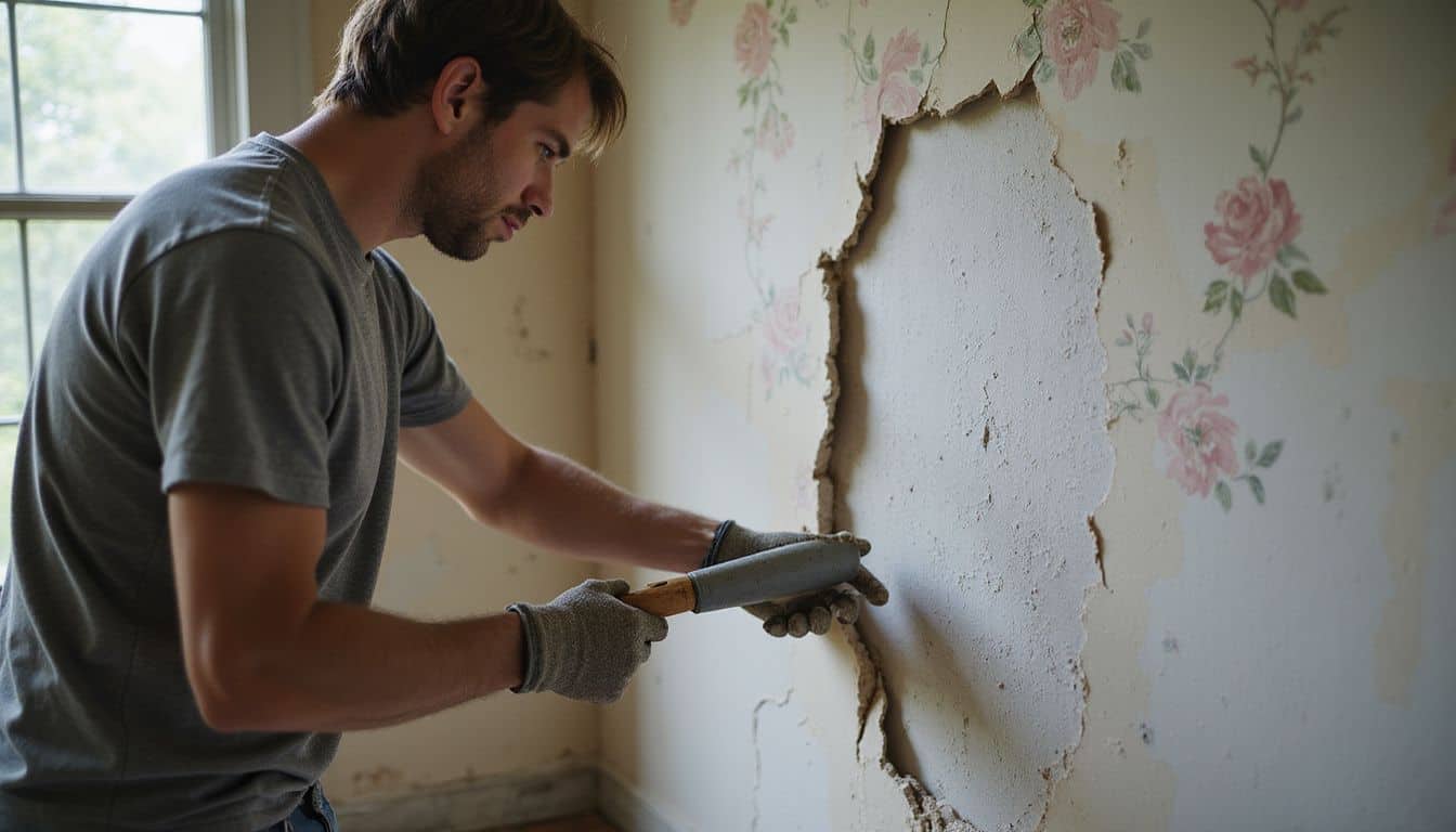 A middle-aged man is carefully removing old, worn wallpaper from a dimly lit living room. A middle-aged man is carefully removing old, worn wallpaper from a dimly lit living room.