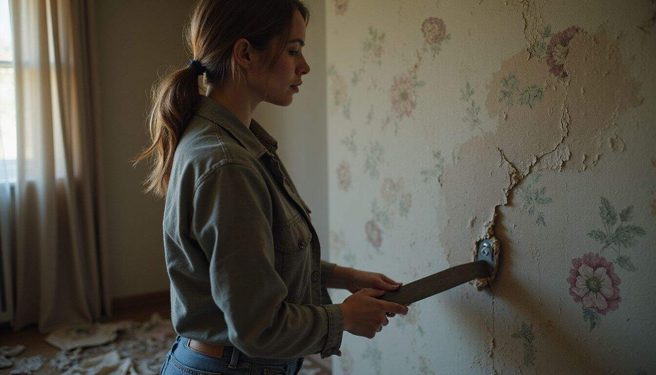 A woman in her 30s removes wallpaper in a dimly lit room with worn furniture.