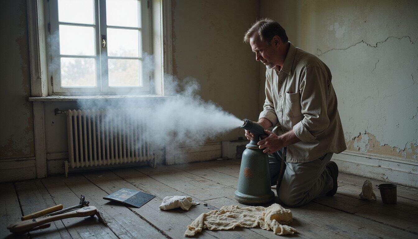 A man uses a wallpaper steamer to remove aged, peeling wallpaper in a dimly lit room. A man uses a wallpaper steamer to remove aged, peeling wallpaper in a dimly lit room.