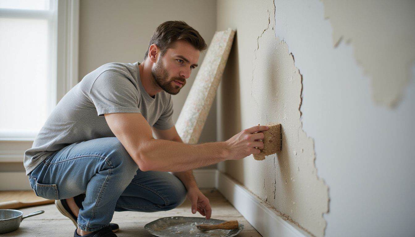 A man carefully removes wallpaper from an interior wall during a home renovation project. A man carefully removes wallpaper from an interior wall during a home renovation project.