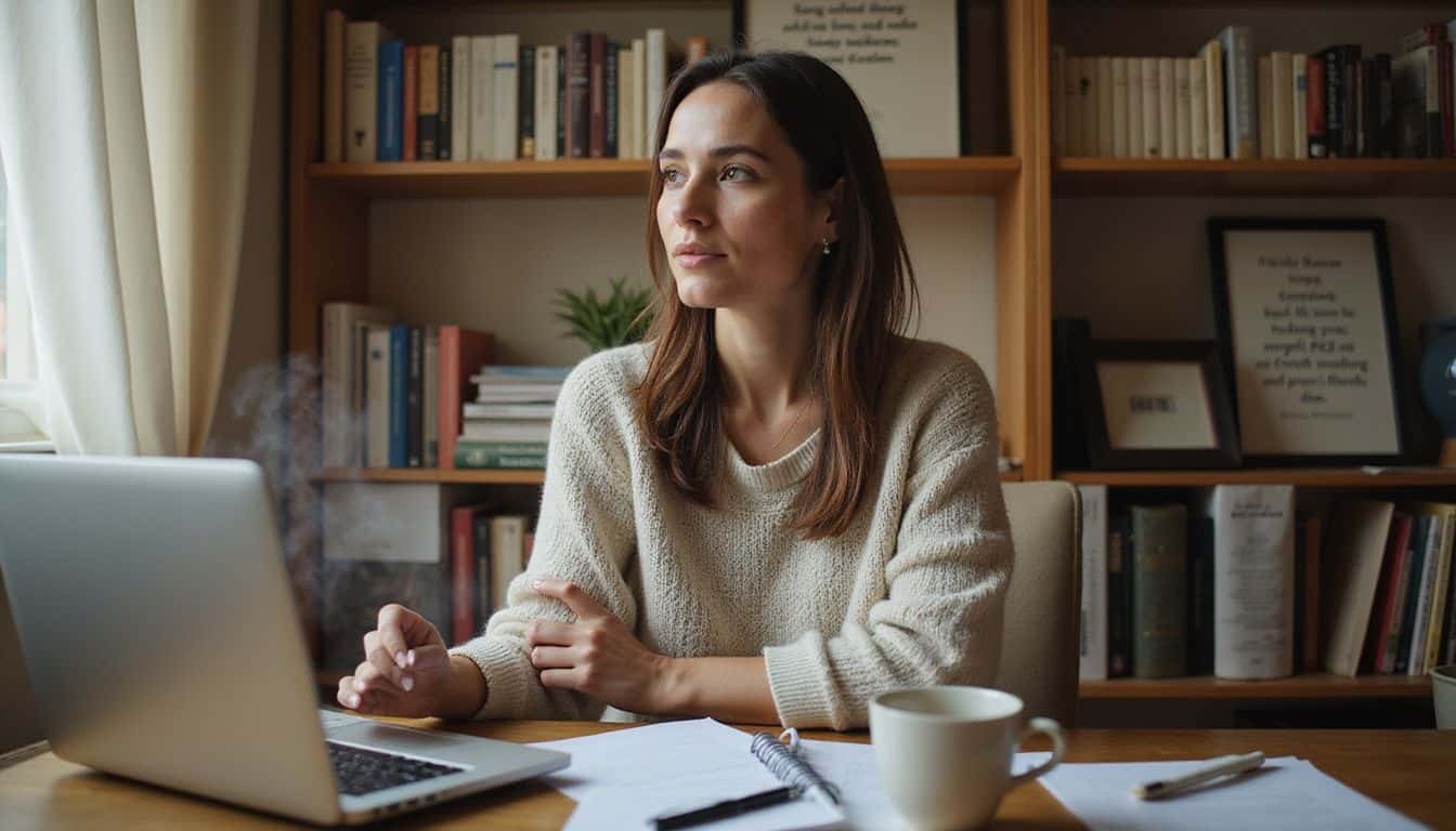 A woman thoughtfully works at a wooden desk surrounded by books and personal items in her cozy home office. A woman thoughtfully works at a wooden desk surrounded by books and personal items in her cozy home office.